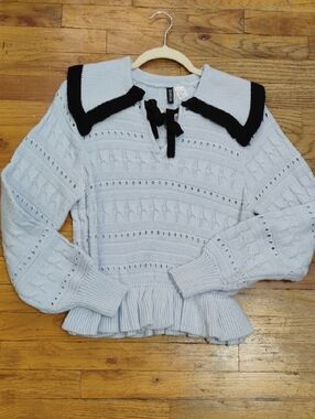 H&M Light Blue Knit Sweater with Black Trim Sailor Collar